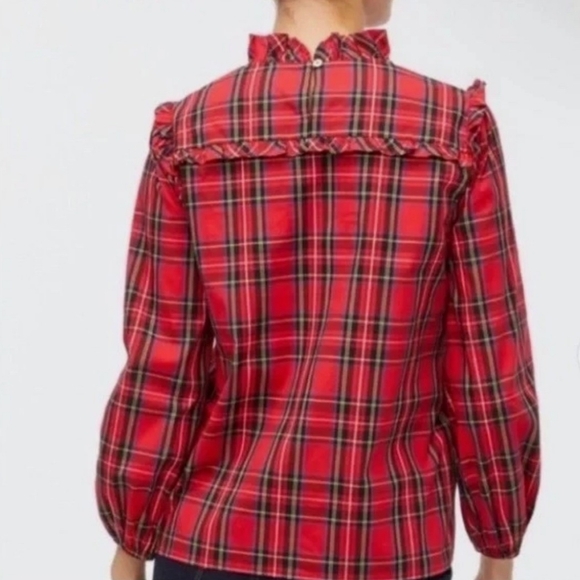 J. Crew | Women's Red Tartan Plaid Ruffle Neck Blouson Sleeve Top - Picture 2 of 16